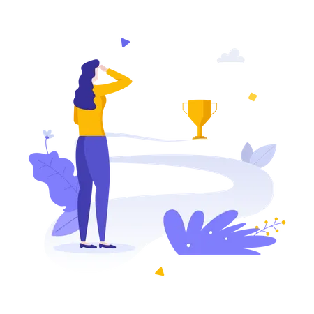 Woman Looking At Golden Goblet Or Champion Cup At End Of Road Concept Of Route To Success Business Competition Or Challenge Work Goal Achievement Career Path Modern Flat Vector Illustration Illustration