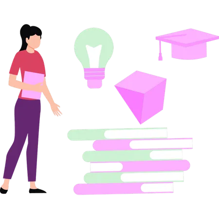 The Girl Is Looking At The Graduation Hat Illustration