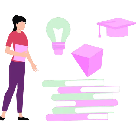 Woman looking at graduation hat  Illustration