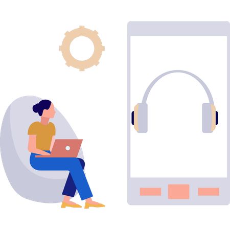 Woman looking at headphones in mobile  Illustration