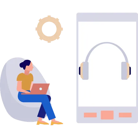 Woman looking at headphones in mobile  Illustration