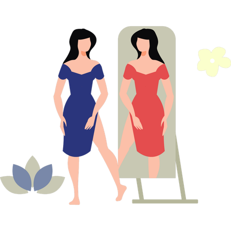 Woman Looking At Her Dress In Mirror  Illustration