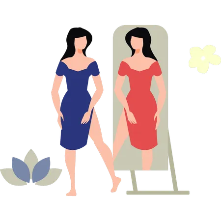 The Girl Is Looking At Her Dress In The Mirror Illustration