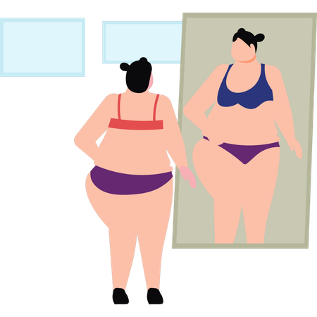Woman Looking At Herself In Mirror To Lose Weight  일러스트레이션