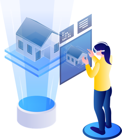 Woman looking at house size with virtual reality  Illustration