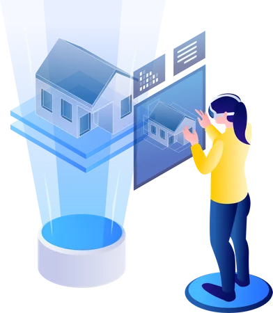 Woman looking at house size with virtual reality  Illustration