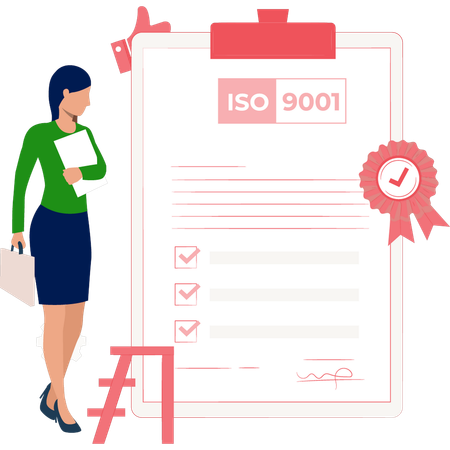 Woman looking at ISO certificate  Illustration