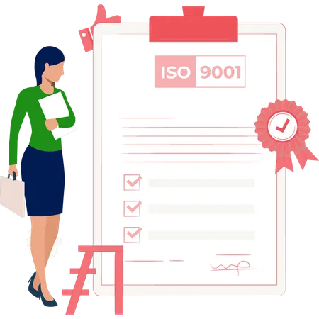 Woman looking at ISO certificate  Illustration