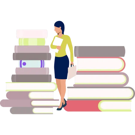 A Female Is Looking At The Literature Books Illustration