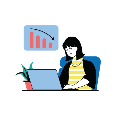 Woman looking at loss graph on laptop  Illustration