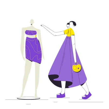 Woman looking at mannequin dress Illustration