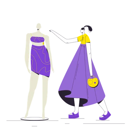 Woman looking at mannequin dress  Illustration