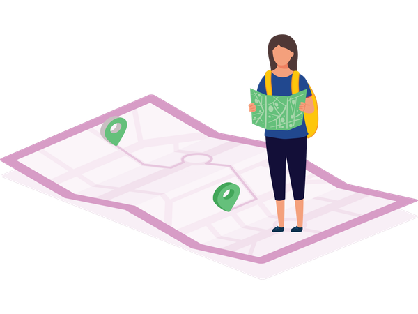 Woman looking at map location  Illustration