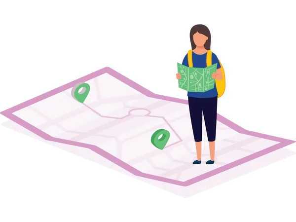 Woman looking at map location  Illustration