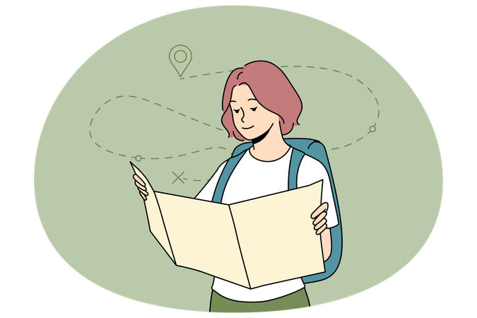 Woman looking at map planning trip  Illustration