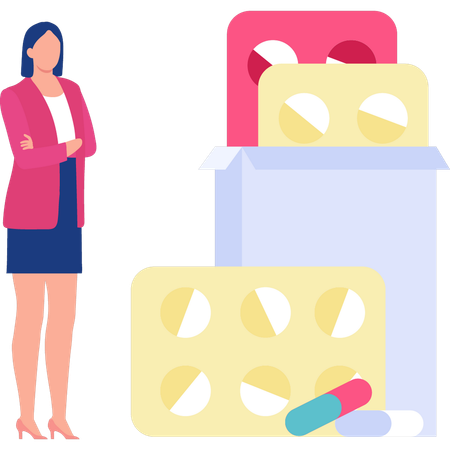 Woman looking at medication tablets  イラスト