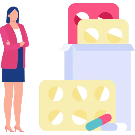 Woman looking at medication tablets  イラスト