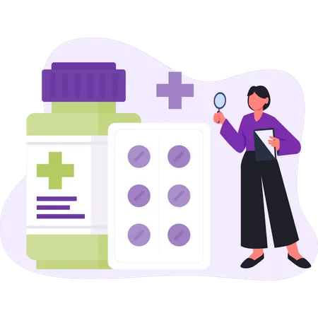 Woman looking at medication tablets  Illustration