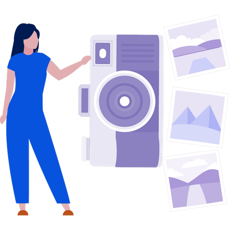 Woman looking at  pictures of camera  Illustration