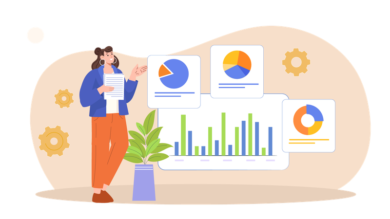 Woman looking at progress analytics  Illustration