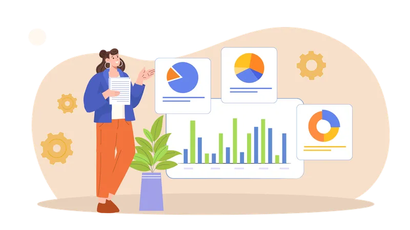 Woman looking at progress analytics  Illustration