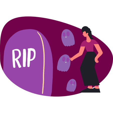 Woman looking at rip grave  Illustration