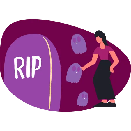 Woman looking at rip grave  Illustration