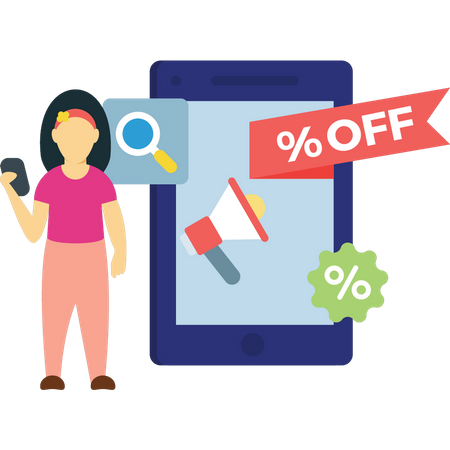 Woman looking at sale announcement on mobile  일러스트레이션
