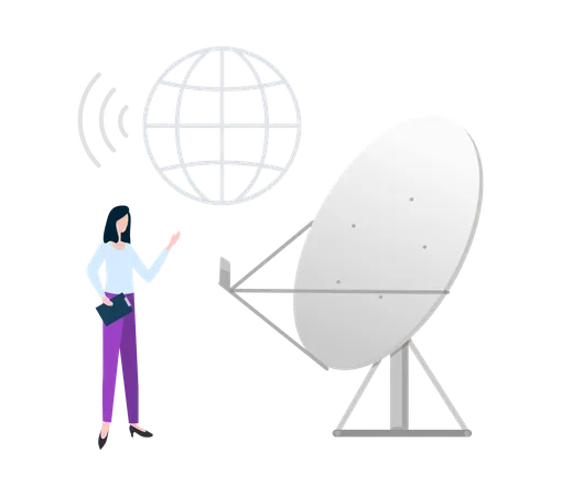 Satellite Vector Globe In Line Flat Style Woman Using Connection Produced From Station Dish And Personal Wireless Communication Cellular Service Illustration