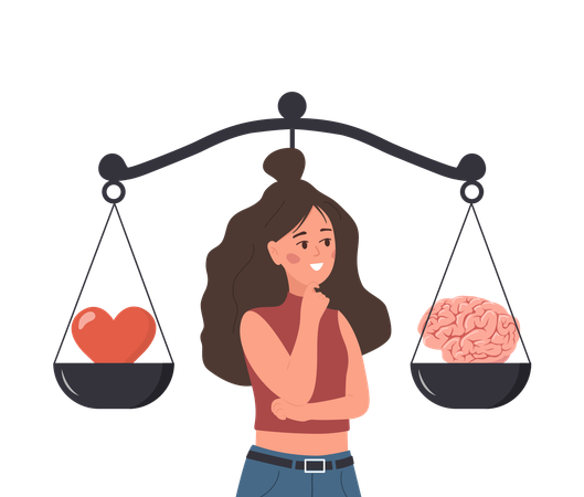 Woman Looking At Scale With Love In One Side And Practical In Opposite  Illustration