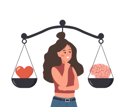 Woman Looking At Scale With Love In One Side And Practical In Opposite  Illustration