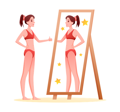 Woman looking at self in mirror  Illustration