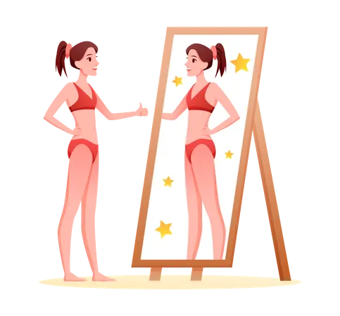 Woman looking at self in mirror  イラスト