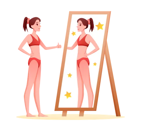 Woman looking at self in mirror  Illustration