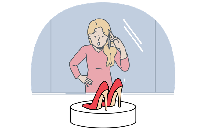 Woman looking at shop window with high-heeled shoes and dreams of updating wardrobe and going shopping  Illustration