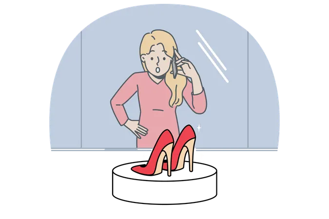 Woman looking at shop window with high-heeled shoes and dreams of updating wardrobe and going shopping  Illustration