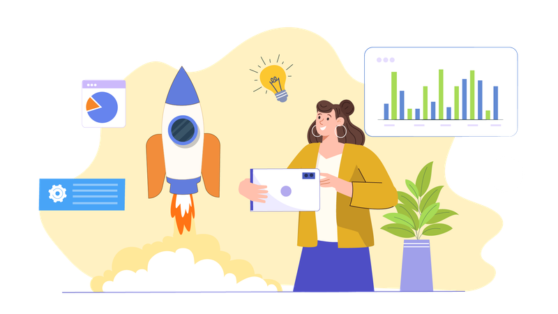 Woman looking at startup analytics  Illustration