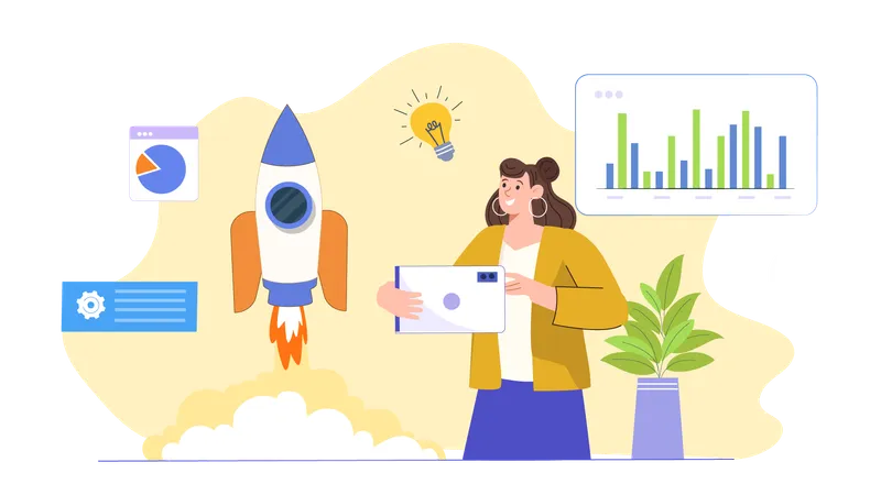 Woman looking at startup analytics  Illustration