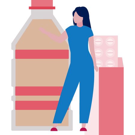 Woman Looking At Syrup Bottle  Illustration