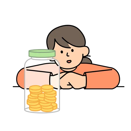 Woman Looking at the Jar of Money  Illustration
