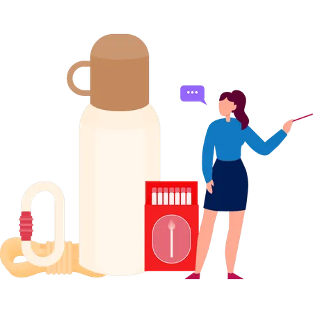 Woman Looking At Thermos Bottle  Illustration