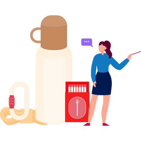 Woman Looking At Thermos Bottle  Illustration