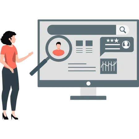 Girl Is Looking At User Profile On Monitor Illustration
