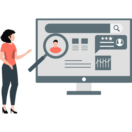 Woman looking at user profile on monitor  Illustration