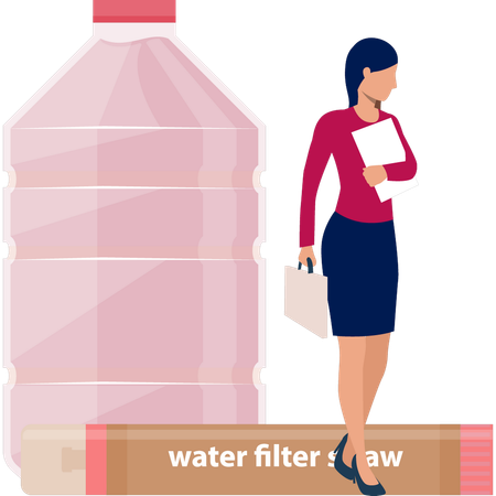 Woman Looking At Water Filter Bottle  일러스트레이션