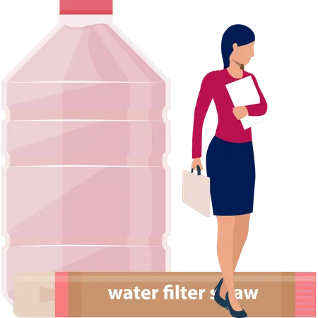 Woman Looking At Water Filter Bottle  イラスト