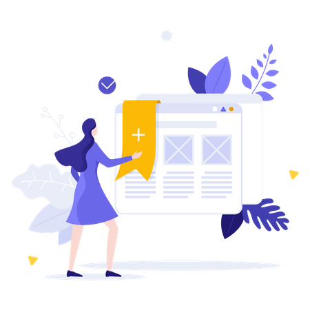 Woman looking at webpage in browser windows with bookmark  Illustration