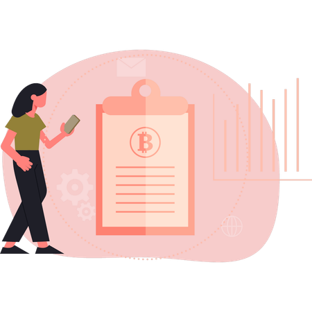 Woman looking bitcoin on clipboard  Illustration