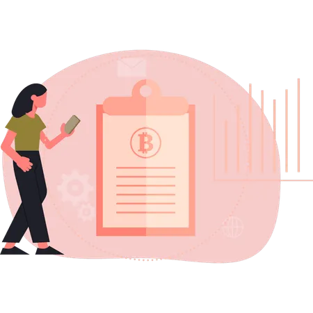 Woman looking bitcoin on clipboard  Illustration