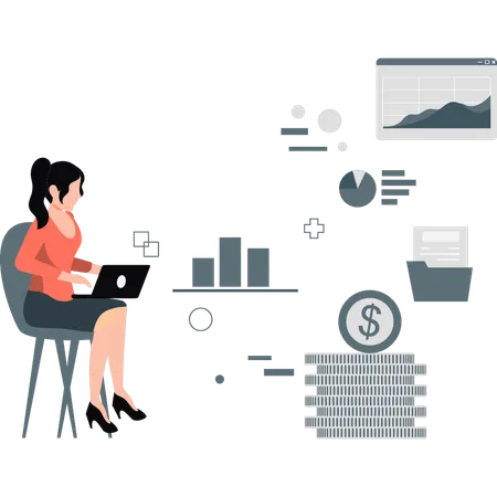 Woman looking business graph on laptop  Illustration